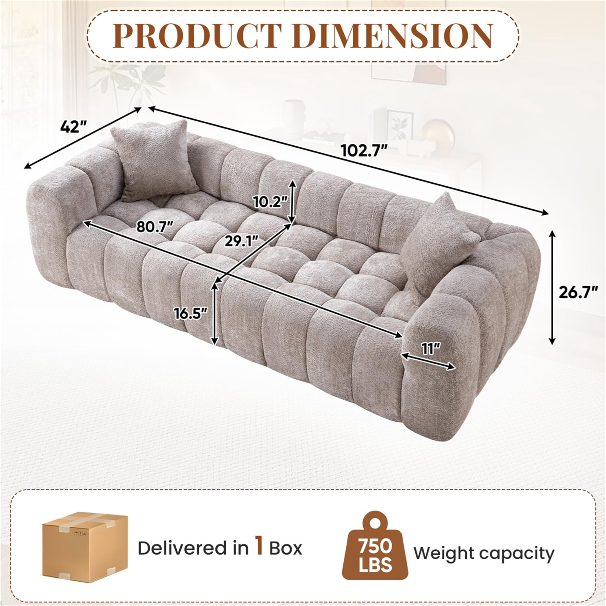 Aukfa 103" Oversized Boucle Cloud Sofa Deep Seat Boneless Couch with Square Tufted for Living Room, 2Pillows, Camel