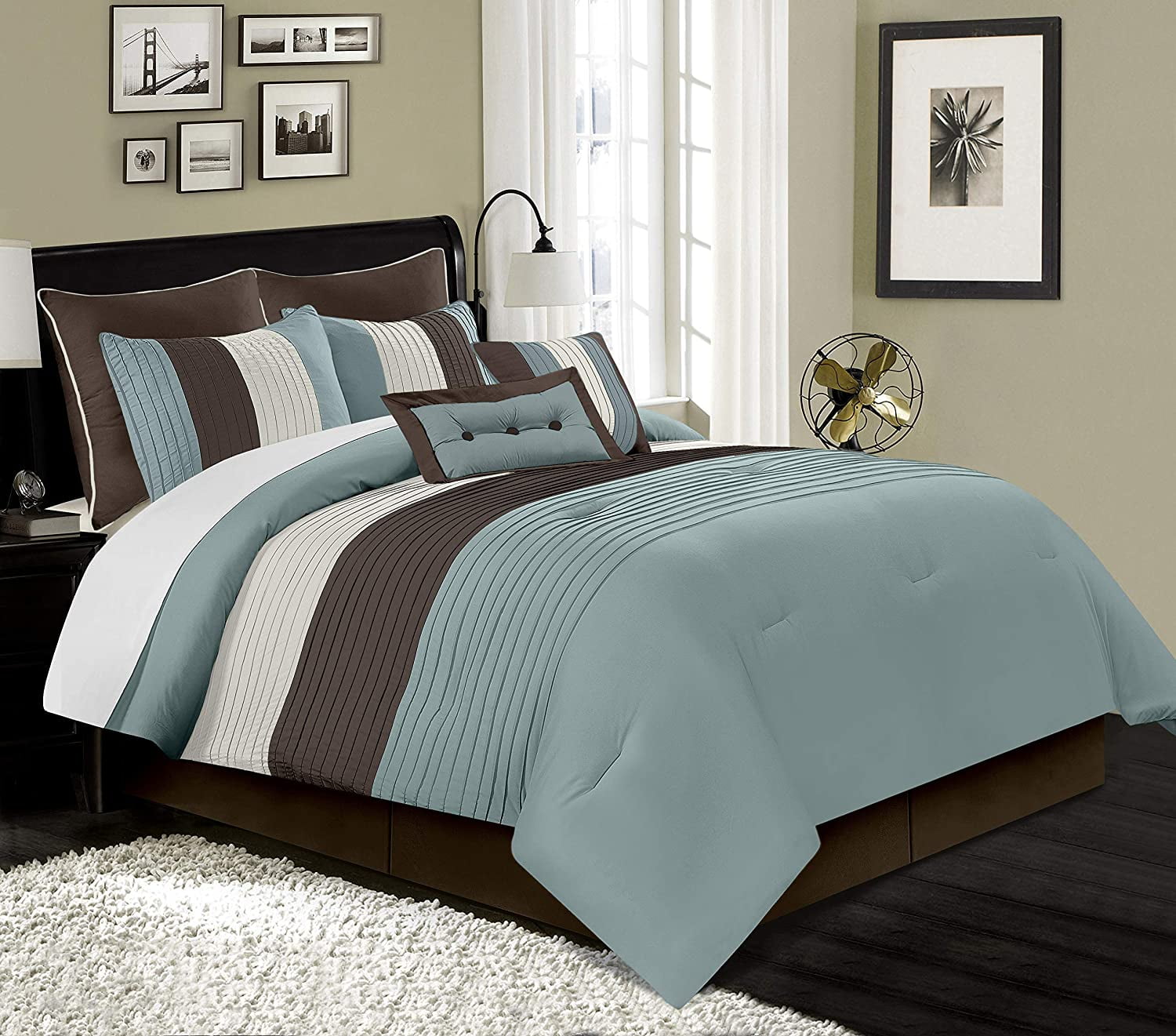 Teal/Brown Clearance Sale Chezmoi Collection 7-Piece Pleated Comforter Set 