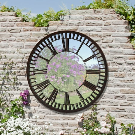 Dia Round Mirror Tray - Round Garden Mirror with Roman Numerals, Brown, 39