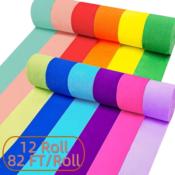 Rainbow Crepe Paper Streamers,82-ft per Roll, Colorful Party Decor for Birthdays and Events 12-Pack