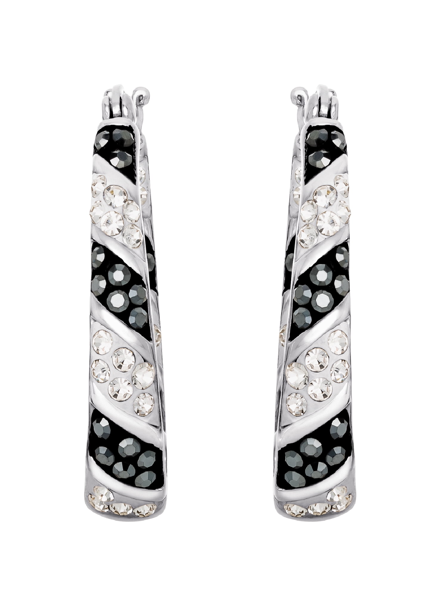 Brilliance Fine Women's Jewelry Sterling Silver Clear and Black Crystal Hoop Earrings