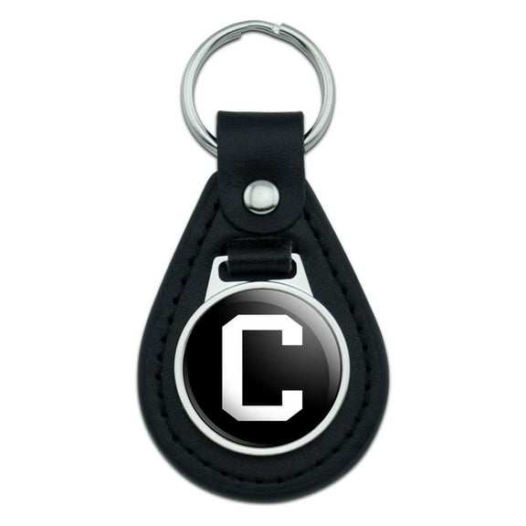 Letter C Initial Black White Black Leather Keychain