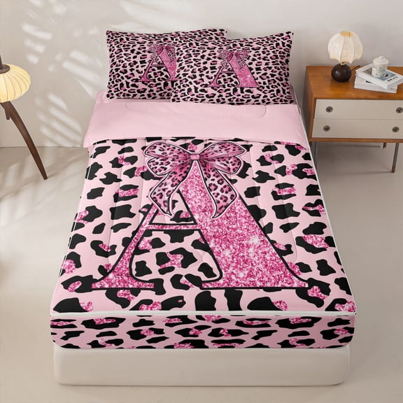 Homewish Pink Leopard Print Bow Zipper Twin Comforter Sets with Fitted Sheet and 2 Pillowcases, Glitter Monogrammed C Kids Zipper Bedding Set, Pink Reversible, 4 Pieces