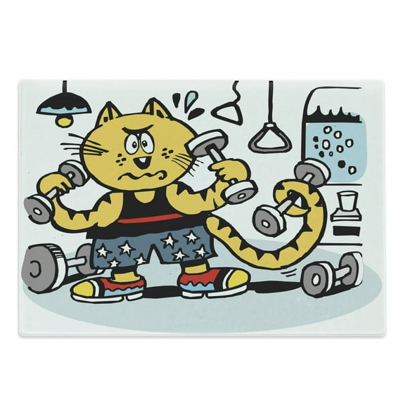 Fitness Cutting Board, Cartoon Style Cat Using Weights in Gym Effort Perspiring Humorous Funny Caricature, Decorative Tempered Glass Cutting and Serving Board, Large Size, Multicolor, by Ambesonne