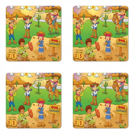 

Cartoon Coaster Set of 4 Image of Child Cowboy Wild West Cartoon North America Culture Kids Design Square Hardboard Gloss Coasters Standard Size Brown Green by Ambesonne
