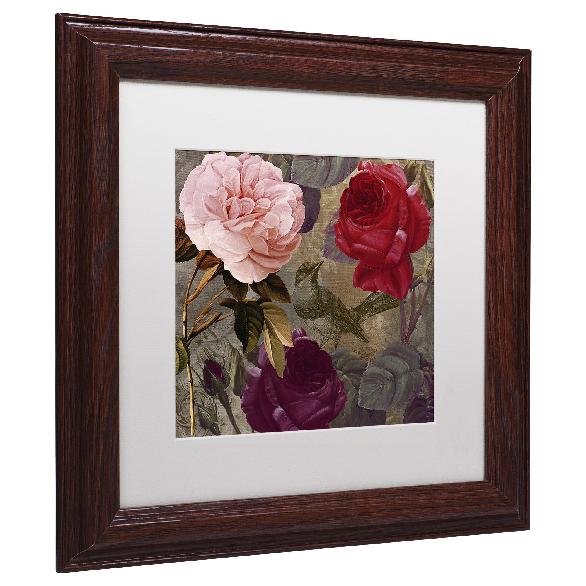 Trademark Fine Art "Birds and Roses" Canvas Art by Color Bakery White Matte, Wood Frame