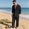 thumbnail image 4 of Mens 2 Piece Linen Outfits Long Sleeve Button Down Shirts And Loose Pant Set Summer Beach Outfits with Pockets Summer Beach Yoga Matching Outfits Black M, 4 of 7