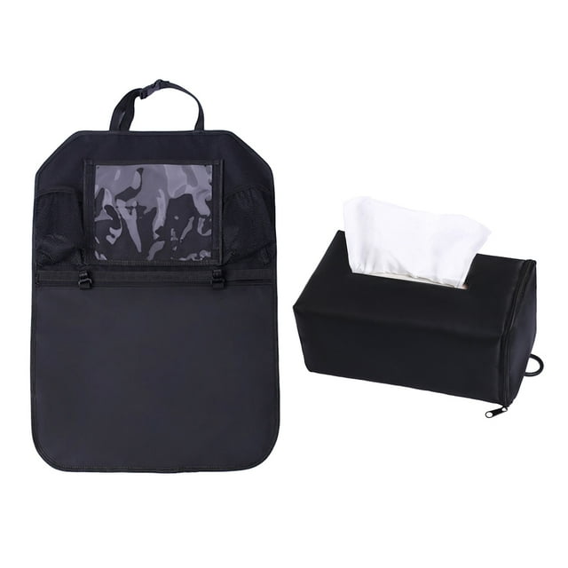 Bolsa colgante para asiento trasero de coche, impermeable, antipatadas, organizador multifunción para tabletas, porta agua y comida con organizador de pañuelos (negro)