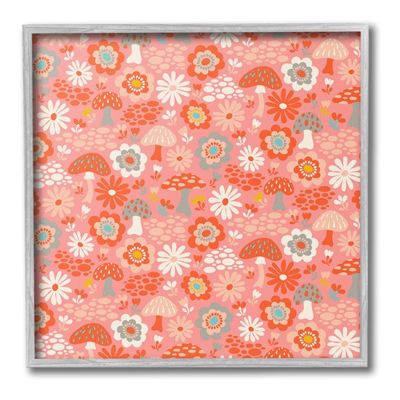 Stupell Industries Mushroom & Floral Pattern Botanical & Floral Painting Gray Framed Art Print Wall Art, 17 x 17