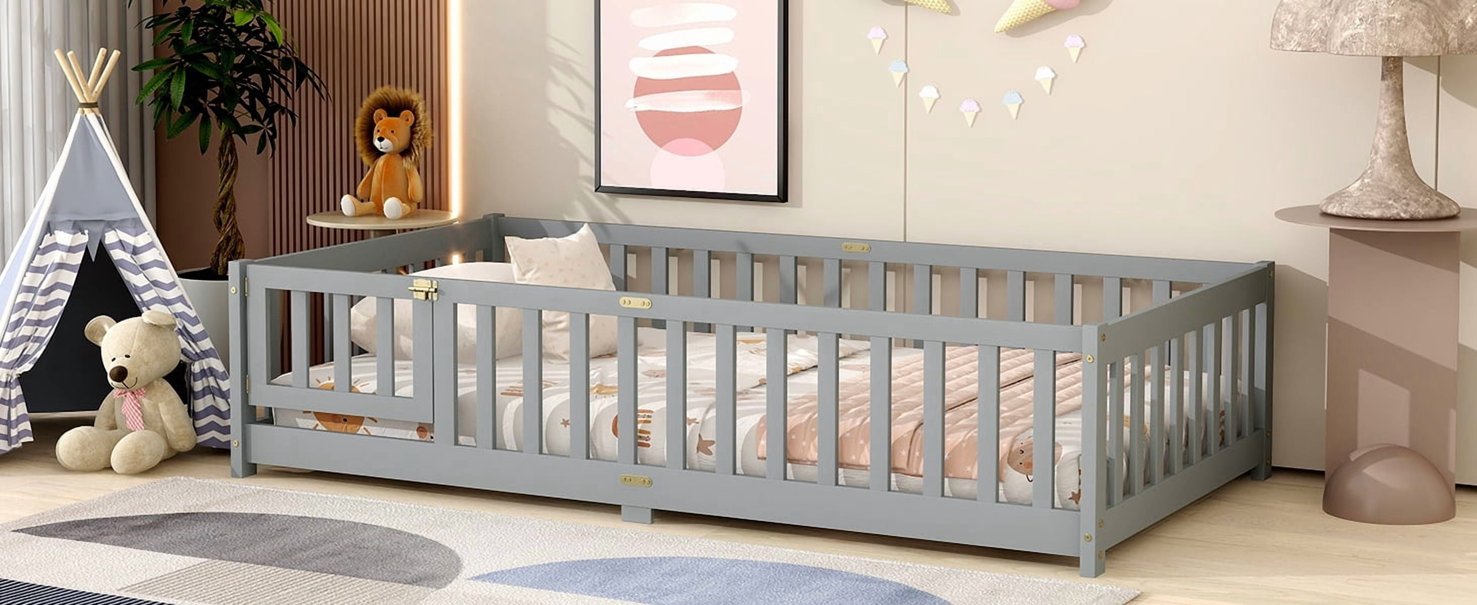 Twin Size Rubber Wood Floor Bed with Fence and Door, Grey Safety Guardrails Kids Platform Bed, No Spring Box Needed for Small Bedroom