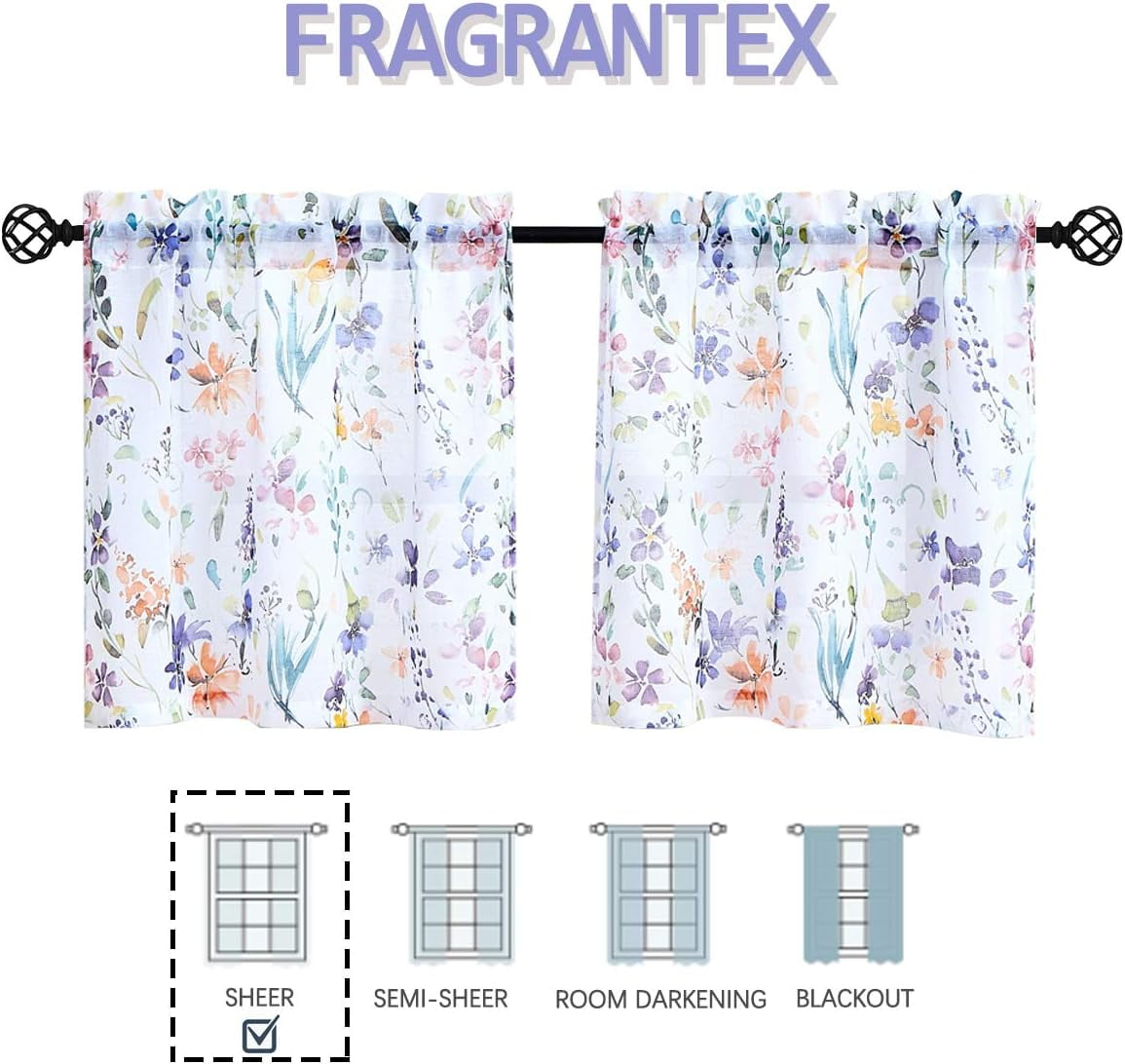 Floral Print Kitchen Curtains 24 inch Purple and Orange Tier Curtains for Small Windows Semi-Sheer Window Treatment Sets for Bathroom/Bay Window/Dining Room,28" W x 24" L Rod Pocket