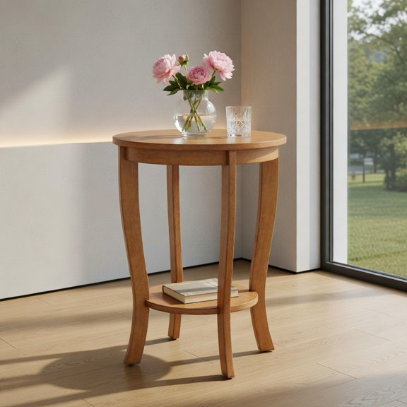 Resenkos Two-Tier Round End Table with Solid Wood Legs, Natural Finish