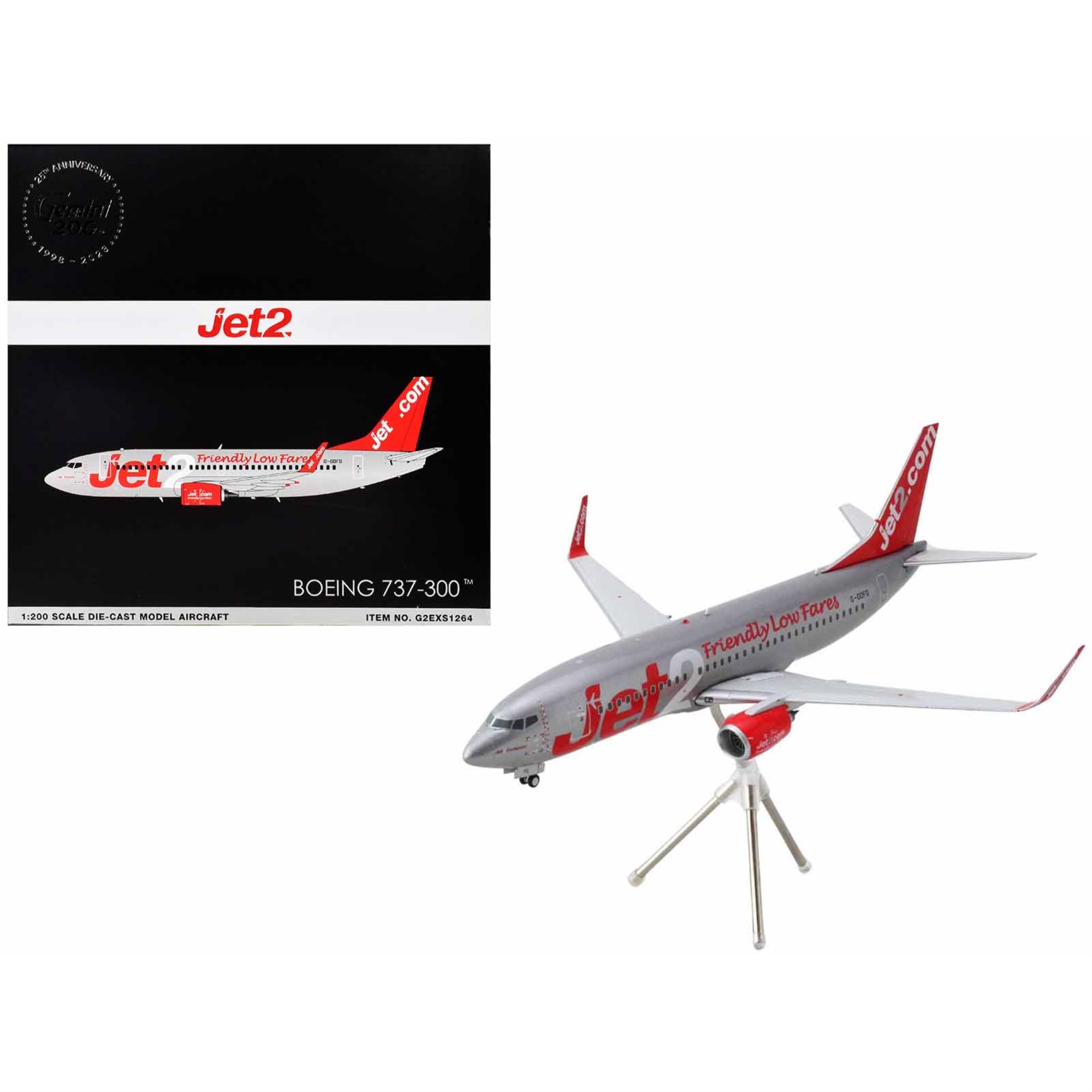 Boeing 737-300 Commercial Aircraft "Jet2" (G-GDFG) Gray Metallic with Red Tail "Gemini 200" Series 1/200 Diecast Model Airplane by GeminiJets