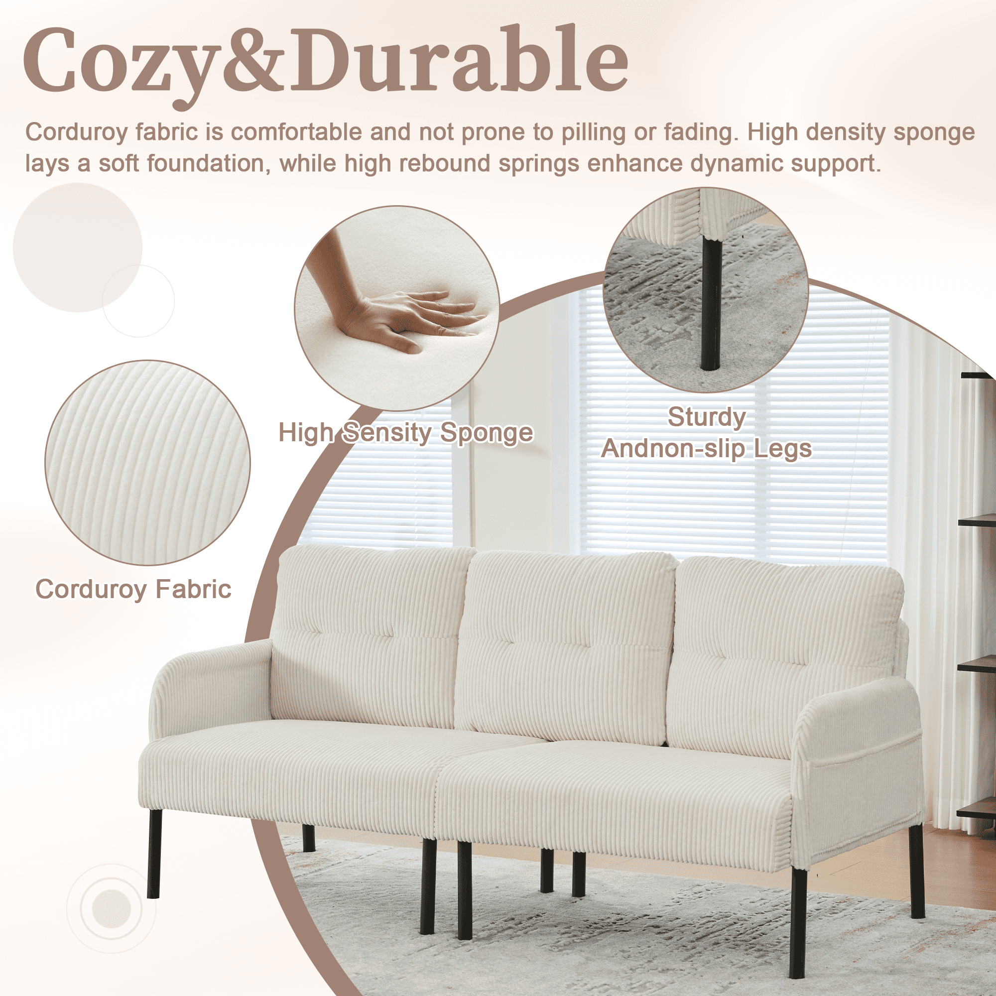 Leumius Oversized Sofa Couch for Living Room,68" Corduroy Upholstered Couch with Metal Legs & Side Pockets for Bedroom, Office or Apartment,Beige