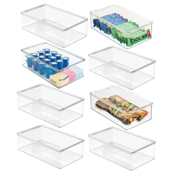 mDesign Kitchen Pantry/Fridge Storage Organizer Box, Hinge Lid, 8 Pack, Clear