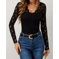 thumbnail image 4 of Women'S Floral Embroidery Mesh Lace V Neck Long Sleeve Top Black S, 4 of 9