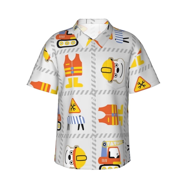 Fotbe Construction Equipments Worker Camisa Hawaiana para Hombre Unisex – Camisa Casual de Verano con Botones de Manga Corta de Algodón y Lino,Large