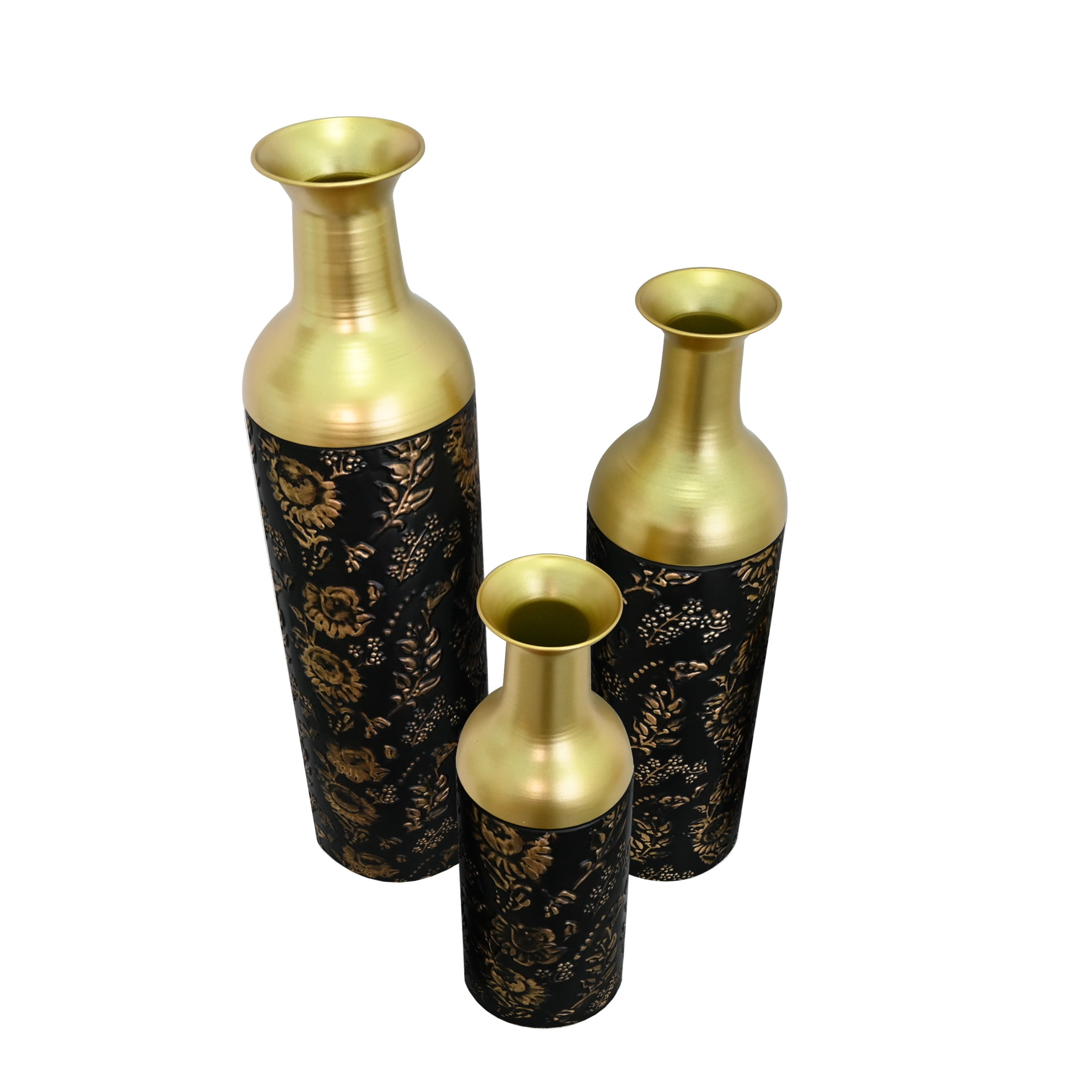 Noble House Set of 3 Decorative Metal Floor Vases, Tall Floral Pattern Vases for Home Decor, Black+Gold