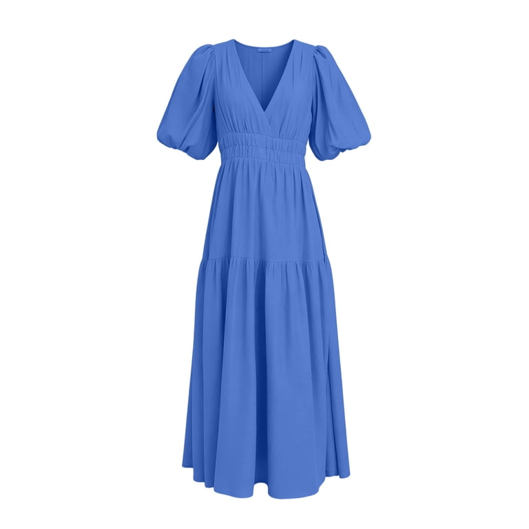 large size cotton dresses Yuxingfu Womens Plus Size Cotton Dresses Maxi V-Neck Plus Size Womens Dress Short Sleeve for Home Long Casual Summer Blue L, Women's, Size: Large
