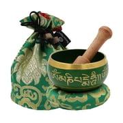 DharmaObjects ~ Tibetan OM MANI Singing Bowl Set ~ With Mallet, Brocade Cushion & Carry Bag ~ For Meditation, Chakra Healing, Prayer, Yoga (Green)