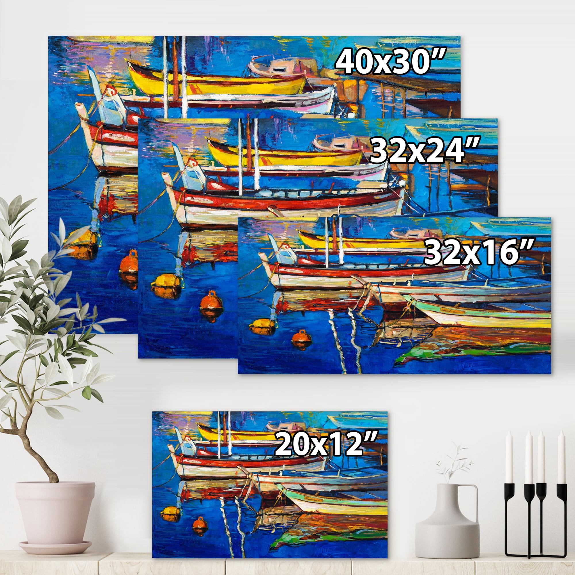 Designart ' Boats Near Coastal Town Resting On The Water II ' Nautical & Coastal Canvas Wall Art Print