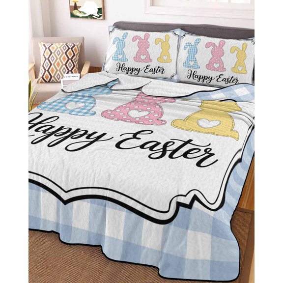 King Quilt Bedding Set, Happy Easter Yellow Pink Bunny Lightweight Coverlet Summer Comforter Set Soft Microfiber Bedspread, Blue White Check 3 Piece Quilt Set with 2 Pillow Shams