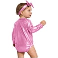 thumbnail image 2 of Hansber Toddler Baby Girls Shiny Metallic Long Sleeve Romper with Bow Headband for Birthday Party Outfit Pink 6-12M, 2 of 7