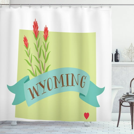 Wyoming Shower Curtain, Lovely Design Illustration with Name on Ribbon and State Flower, Fabric Bathroom Set with Hooks, 69"WX70"L, Pale Green and Multicolor, by Ambesonne