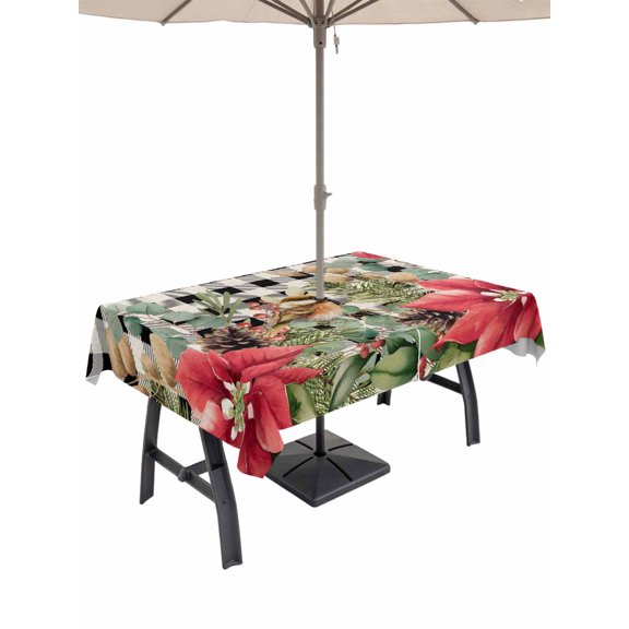 Outdoor Tablecloth with Umbrella Hole and Zipper, Christmas Rectangle Table Cloth 60x120 Inch Waterproof Tablecloth, Winter Poinsettia Berry Black White Plaid Picnic Table Cover for Patio Camping