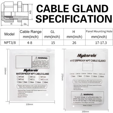 MAKERELE NPT 3/8" Nylon Cord Grips - 20-Pack Wire Strain Relief Cable Glands