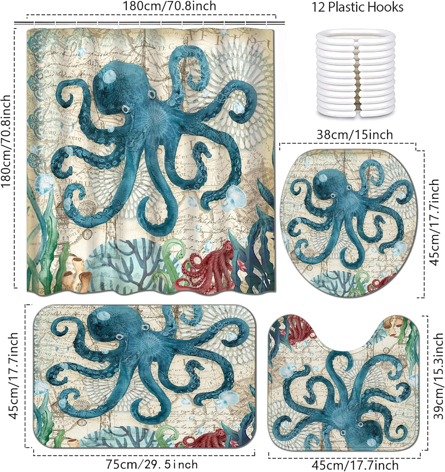 4Pcs Octopus Waterproof Shower Curtain Sets,Ocean Bathroom Sets with Shower Curtain, Toilet Lid Rug, Contour Mat and Bath Mat, 12 Hooks Gift for Bathroom Set Decor