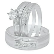 Couples Sterling Silver Suspended CZ Row 3-Piece Wedding Ring Set, Women's Size 7 + Men's Size 9 + Bonus Polishing Cloth