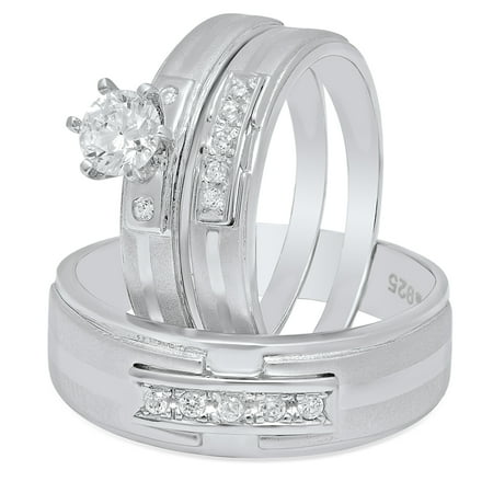 Couples Sterling Silver Suspended CZ Row 3-Piece Wedding Ring Set, Women's Size 7 + Men's Size 9 + Bonus Polishing Cloth