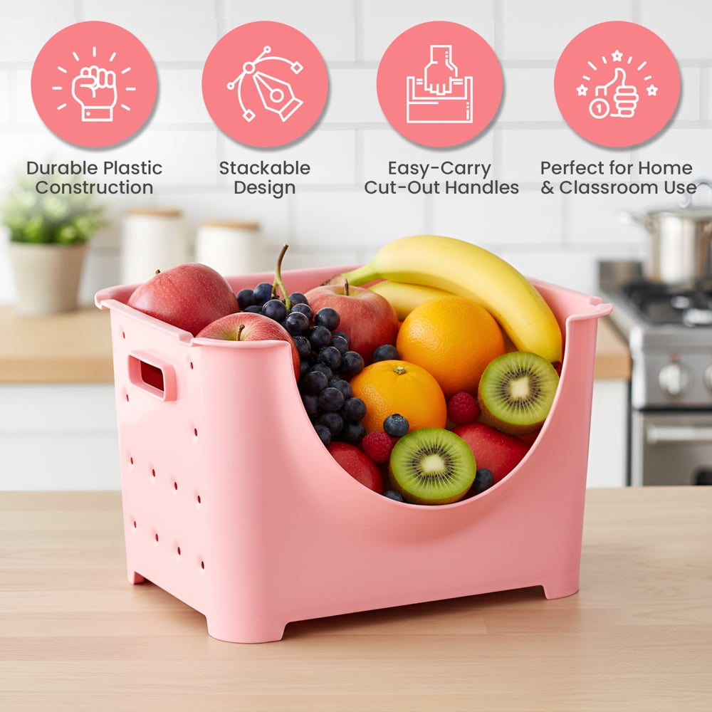 "Stackable Plastic Storage Container, Pink Stacking Bins"