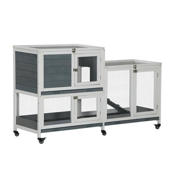 Spaco Wooden Rabbit Hutch Bunny Hutch Elevated Pet House Cage Small Animal Habitat with No Leak Tray Lockable Door Openable Top for Indoor 57.75inch x 18inch x 32.5inch Grey