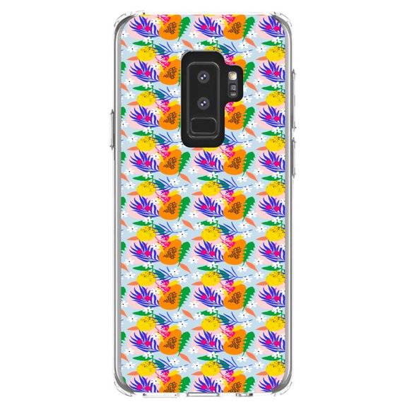 DistinctInk Clear Shockproof Hybrid Case for Samsung Galaxy S9  PLUS (6.2" Screen) - TPU Bumper, Acrylic Back, Tempered Glass Screen Protector - Summer Vibes Floral Pattern Orange Blue Green