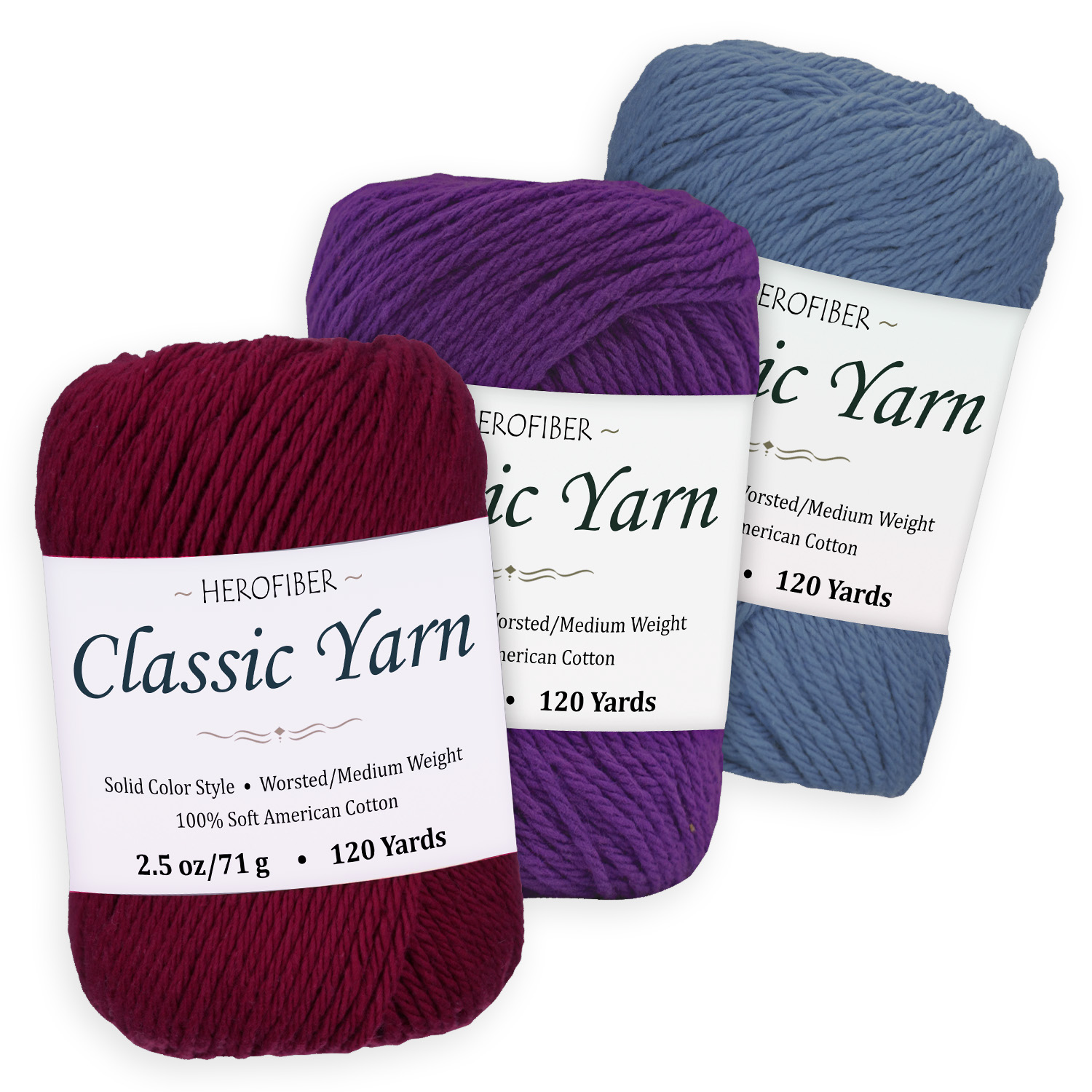Cotton Yarn 3 Solid Colors [2.5 oz Each] Purple Tyrian + Purple
