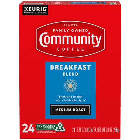 Community Coffee Breakfast Blend Single-Serve Coffee Pods, Medium-Dark Roast, 24 Count Box Compatible with Keurig 2.0 K-Cup Brewers