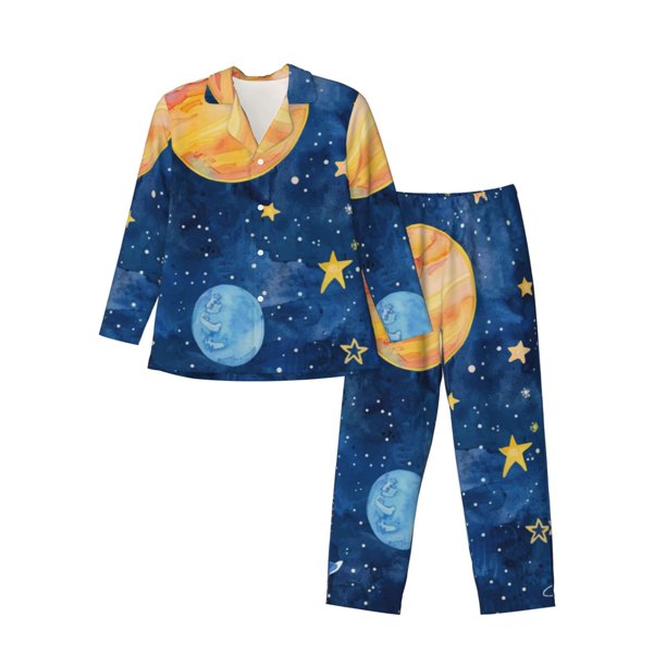 Fotbe Planets And Stars1 Pijama de Hombre con Estampado de Manga Larga, Conjunto de 2 Piezas, Ropa de Dormir Suave y Cómoda con Bolsillos-Medium
