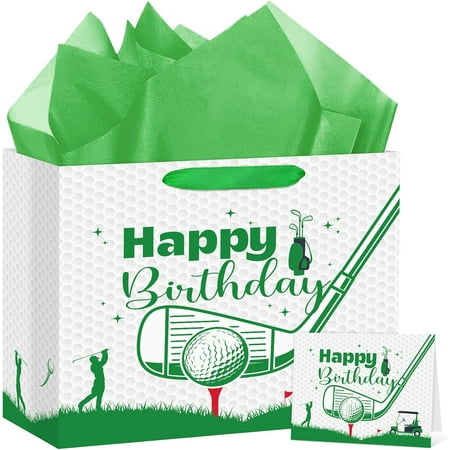 Golf Gift Bag Happy Birthday Party Gift Bag with Handles, Wrapping Paper, Greeting Card for Boys Kids Men Golf Themed Birthday Decorations Sports Party Supplies
