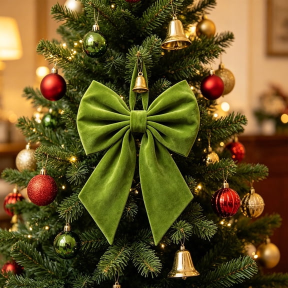 Christmas Tree Topper Bow, Green Velvet Ribbon Bow with Long Tails Tree Top Decoration for Holiday Trees, Home and Xmas Party Decorations