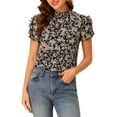thumbnail image 1 of INSPIRE CHIC Women's Ruffle Neck Short Sleeve Keyhole Back Chiffon Floral Blouses S Black, 1 of 7