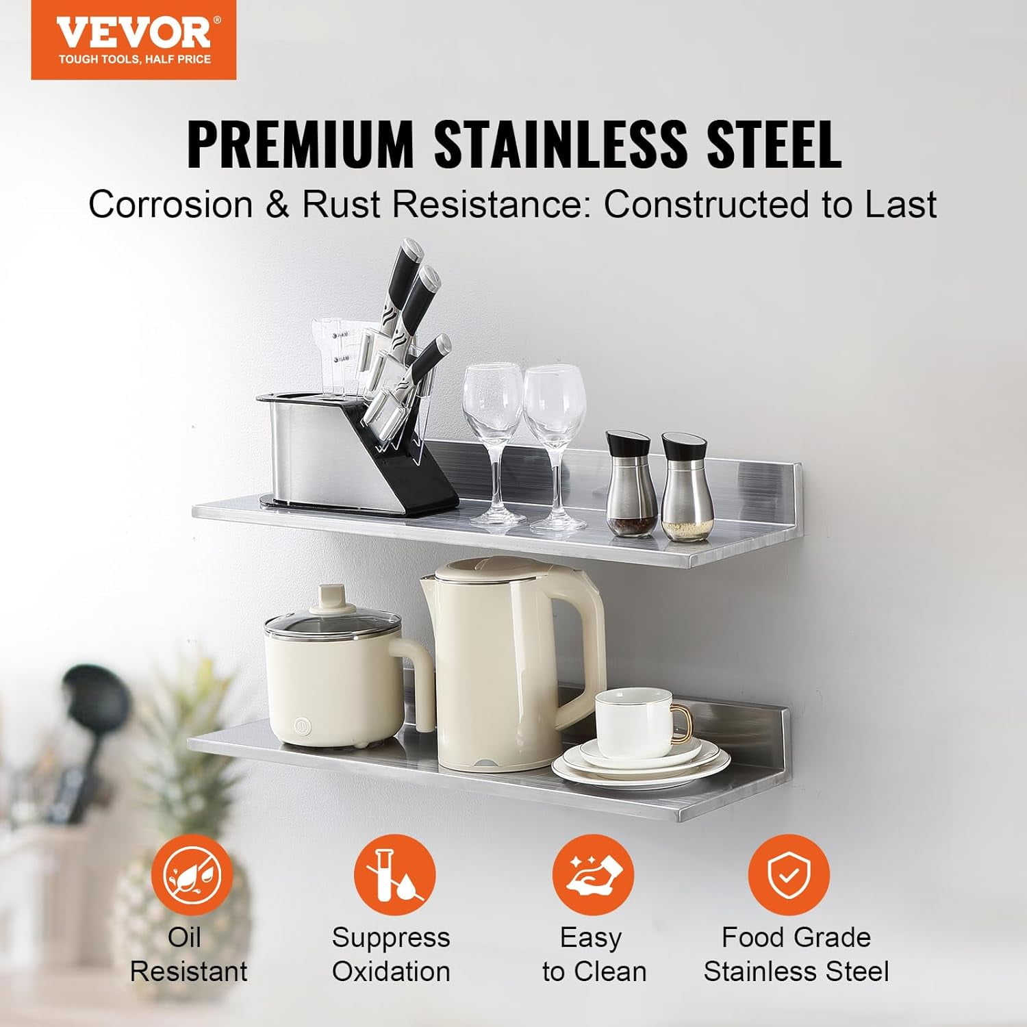 MONGJI 8.6" x 30" -2 Pack Stainless Steel Shelf, Wall Mounted Floating Shelving with Backsplash, 44 lbs Load Capacity Commercial Shelves, Heavy Duty Storage Rack for Restaurant, Kitchen, Bar, Home