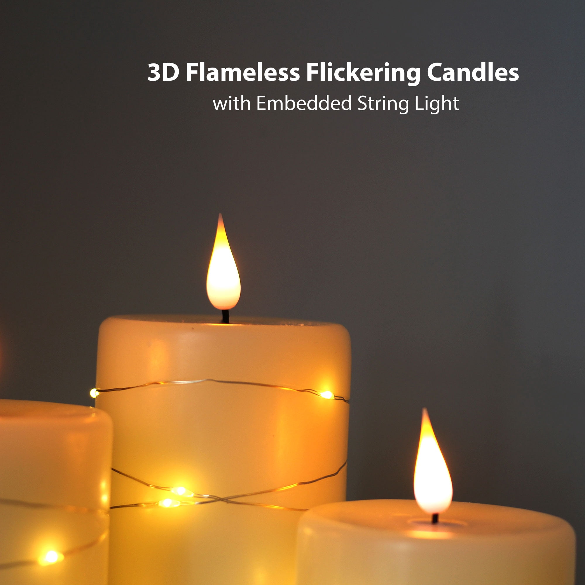 Pack of 5 Flickering Flameless Candles with Embedded String Lights, Battery Operated Electric Pillar Candle 3D Teardrop