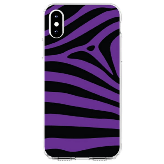 DistinctInk Clear Shockproof Hybrid Case for iPhone XR (6.1" Screen) - TPU Bumper, Acrylic Back, Tempered Glass Screen Protector - Black Purple Zebra Skin Stripes