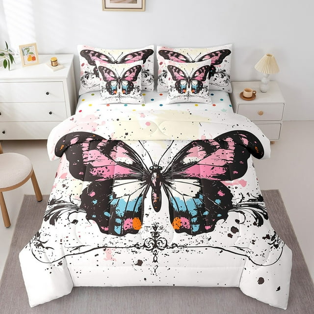 Ensemble de Douillette Butterfly 7 Pcs « Bed in a Bag » Lit Simple, Ensembles de Literie Papillons Roses Esthétique Rustique Ensemble de Draps avec Douillette, Ensemble de Literie Coléoptères Aquarelle