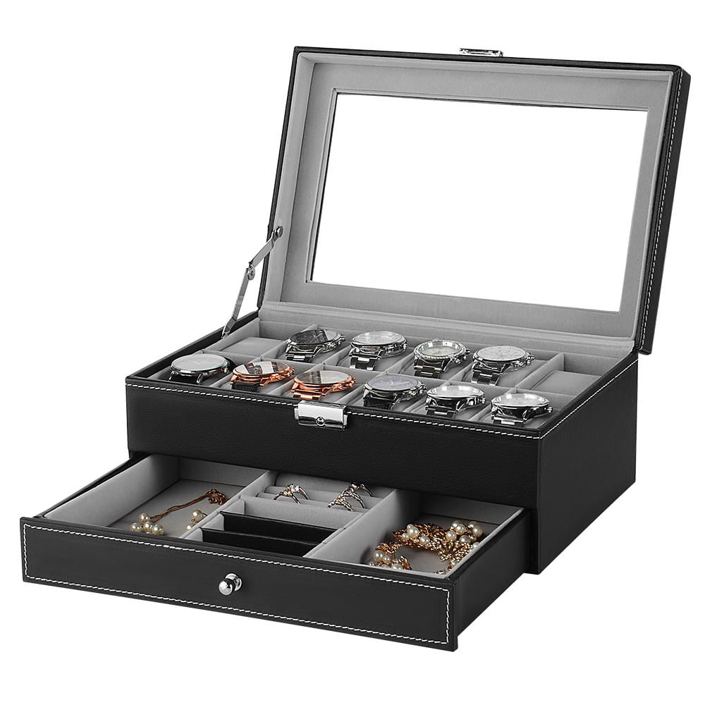SortWise 12 Mens Watch Box with Jewelry Display Drawer
