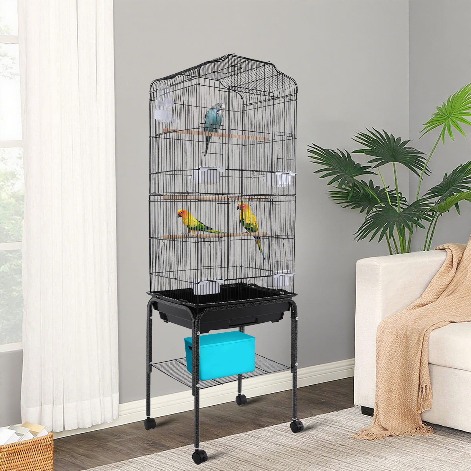Large Birdcages, 29.5 Inch Height Black Parrot Bird Cage with Stand, Ventilation Structure & Horizontal Bars for Safe Climbing, Easy Observation Design for Small Medium Pet Birds