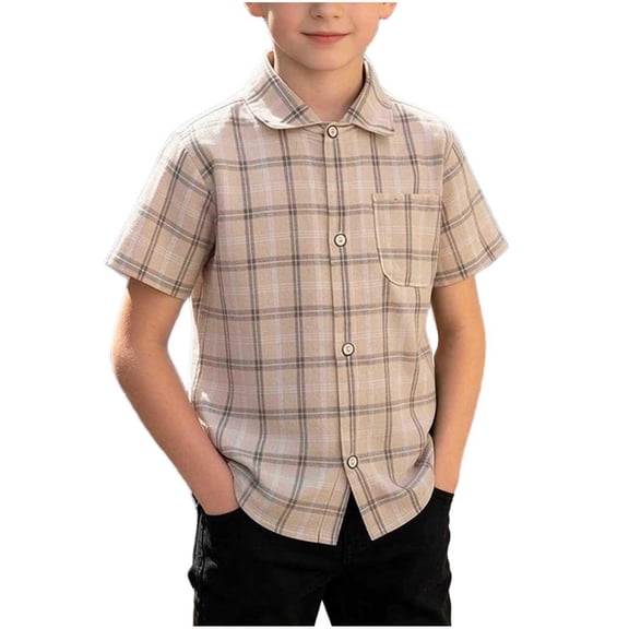 OGLCCG Boys Button Down Shirts Short Sleeve Boys Dress Shirt with Pocket for School Party Wedding Kids Baisc Plaid Shirts 1-12 Years