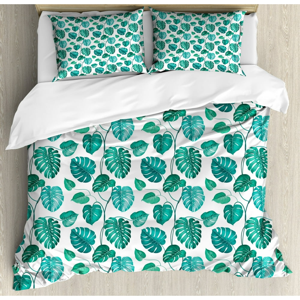 Green Leaf Queen Size Duvet Cover Set, Tropical Palm Tree Leaves Exotic Hawaiian Foliage